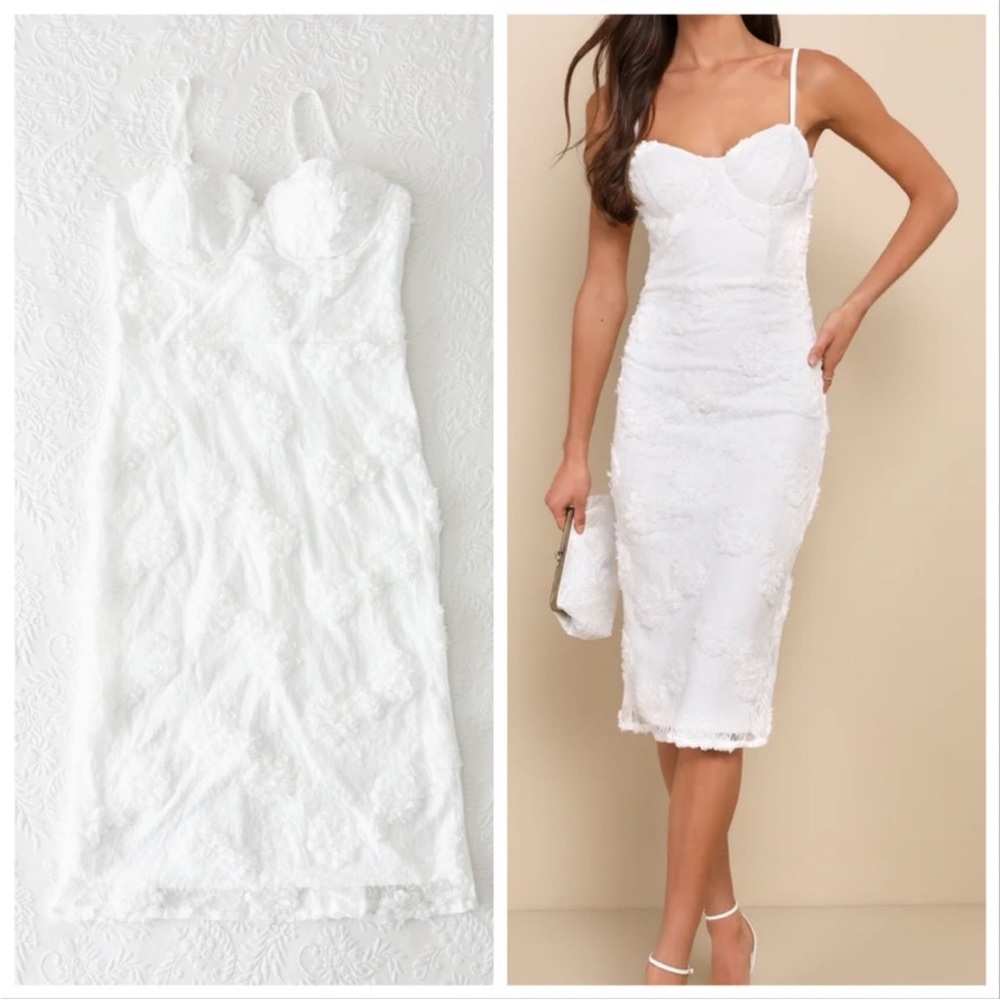 NWOT Lulus Sultry Romantic White Lace Textured Bustier Bodycon Midi Dress Large